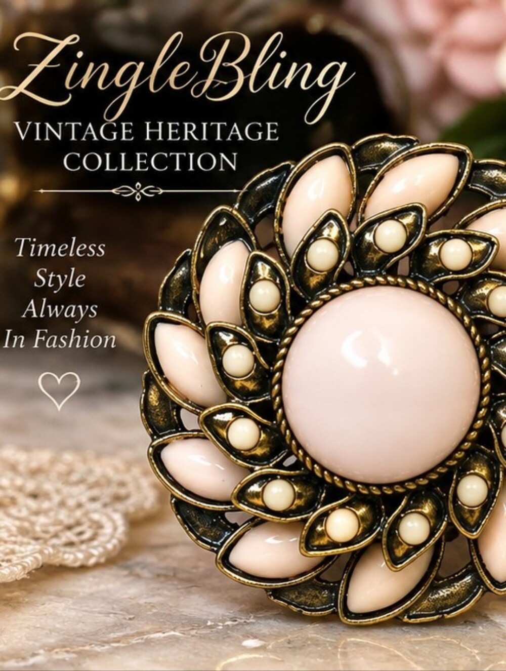 Vintage 1987 NOS Pink Cabochon Bronze Tone Floral Stretch Statement Ring